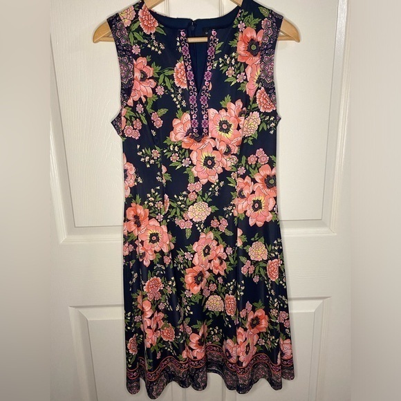 Liz Claiborne Dresses & Skirts - Liz Claiborne Navy Blue and Pink Floral Bohemian Midi Dress, Wedding Guest